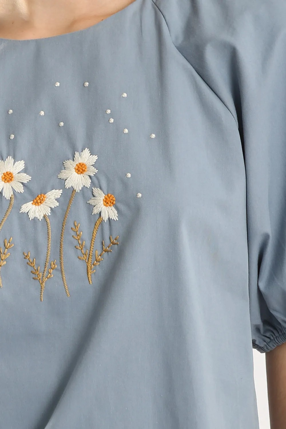 100% Cotton Embroidered Blouse in Dust Blue