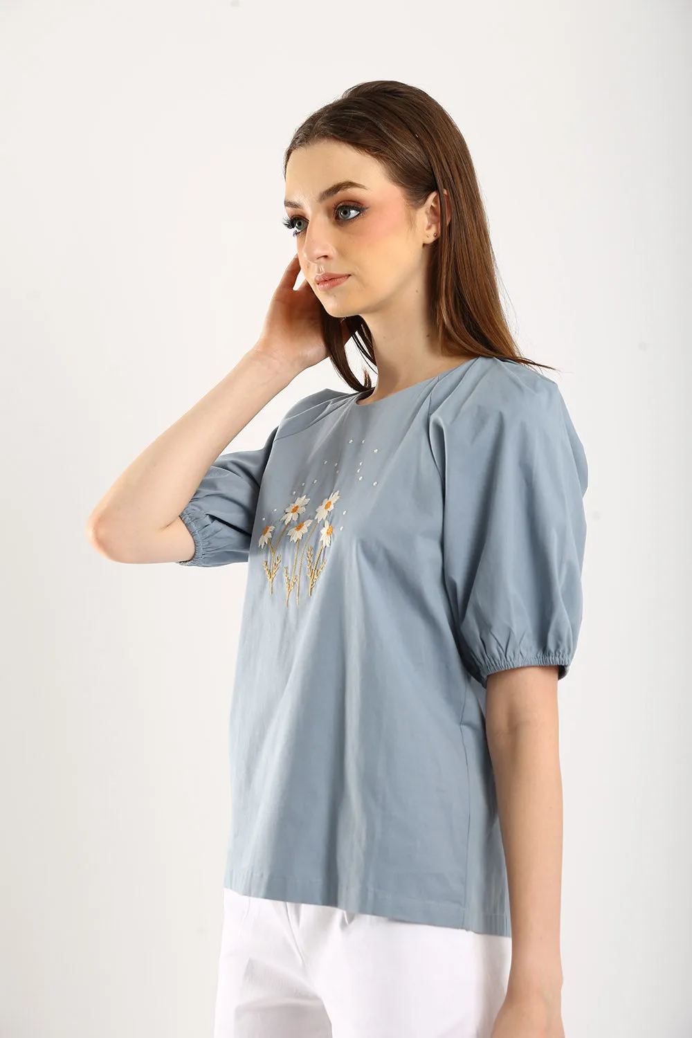 100% Cotton Embroidered Blouse in Dust Blue