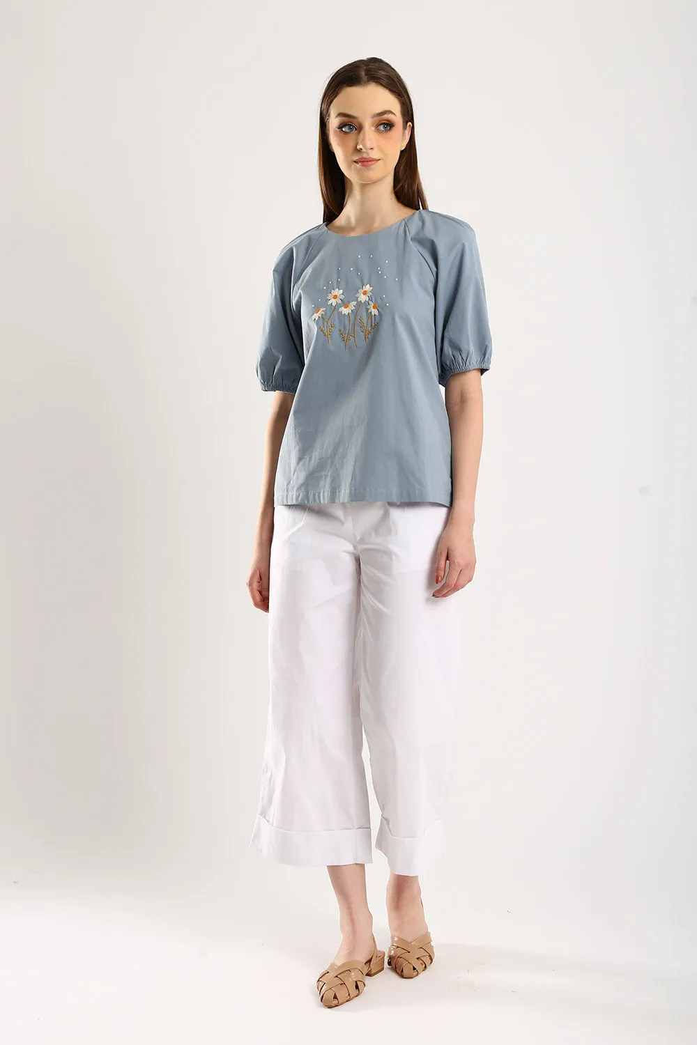 100% Cotton Embroidered Blouse in Dust Blue