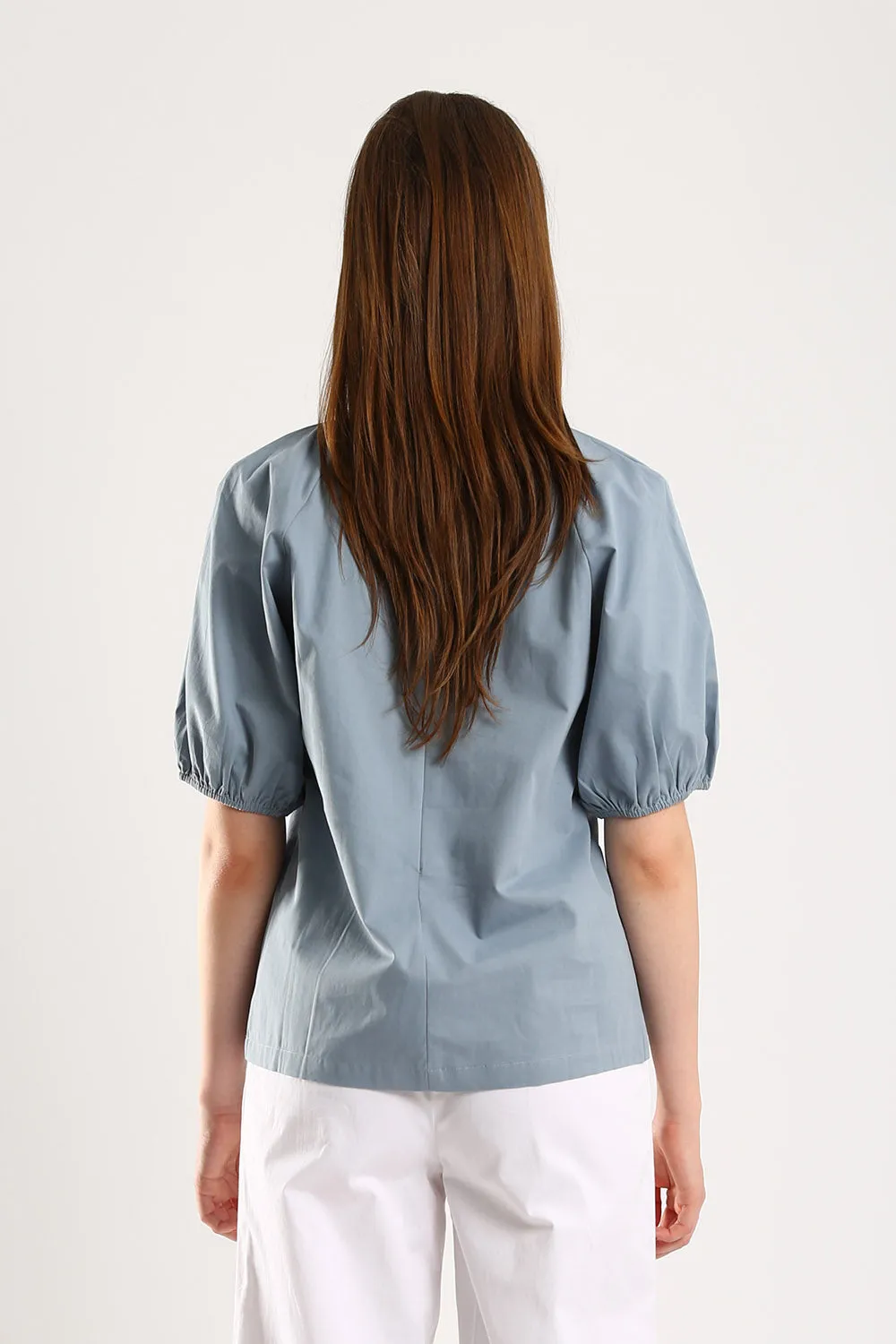 100% Cotton Embroidered Blouse in Dust Blue