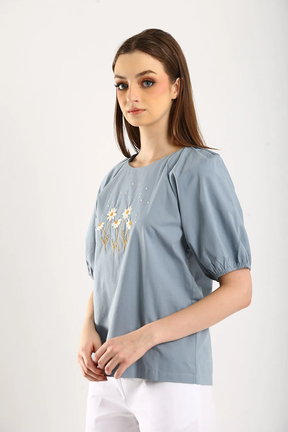 100% Cotton Embroidered Blouse in Dust Blue