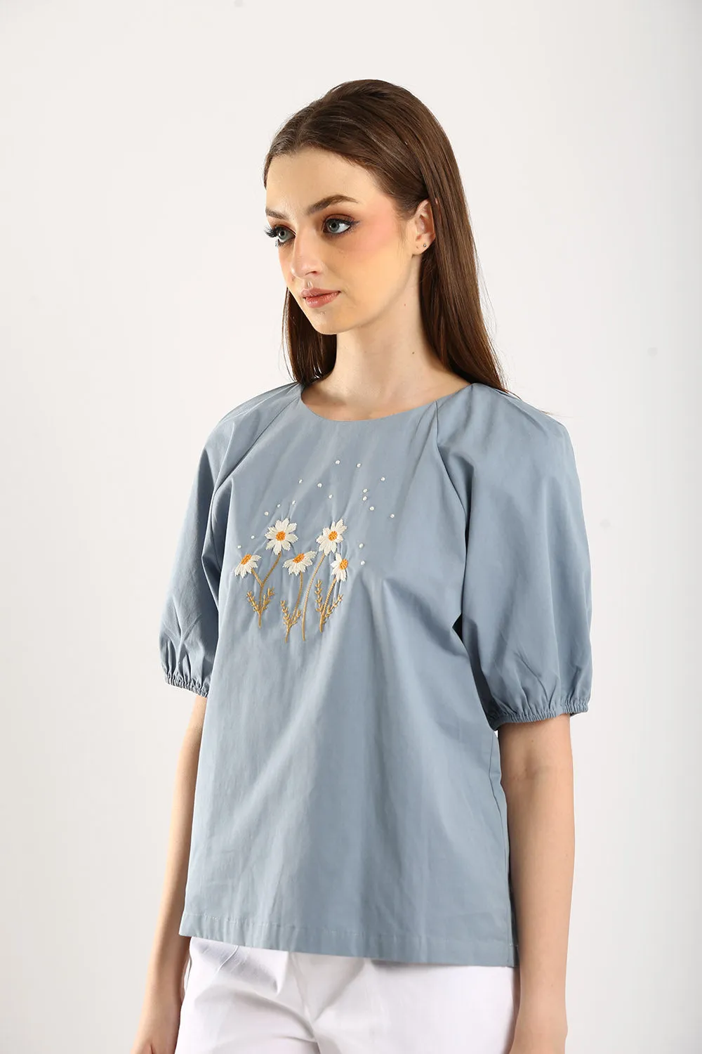 100% Cotton Embroidered Blouse in Dust Blue