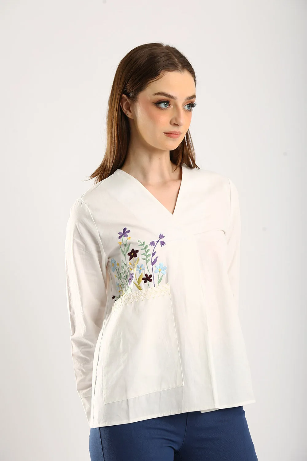 100% Cotton Embroidered V-Neck Blouse in White