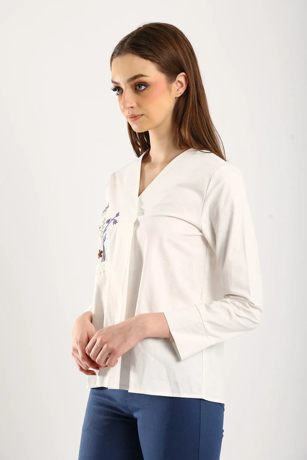 100% Cotton Embroidered V-Neck Blouse in White