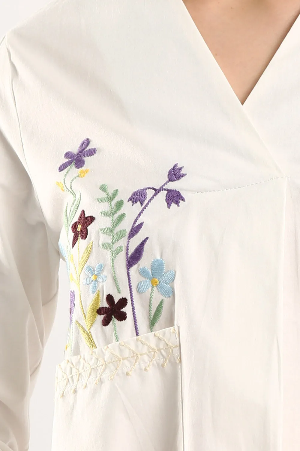 100% Cotton Embroidered V-Neck Blouse in White
