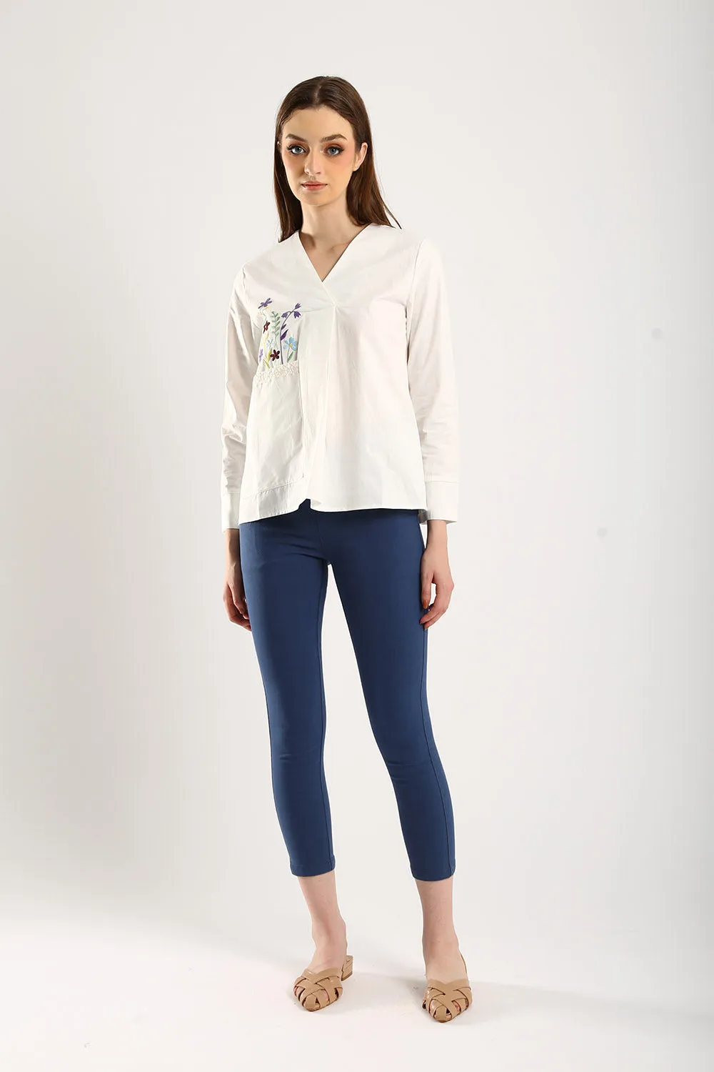 100% Cotton Embroidered V-Neck Blouse in White