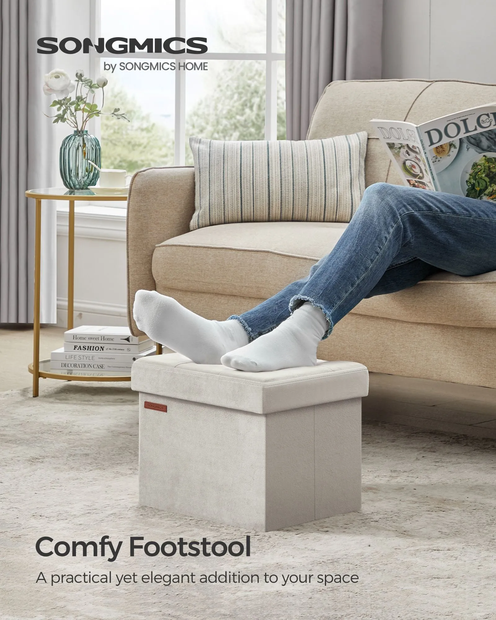 12.2" x 16.1" x 12.2" Foldable Storage Ottoman Bench Cream White