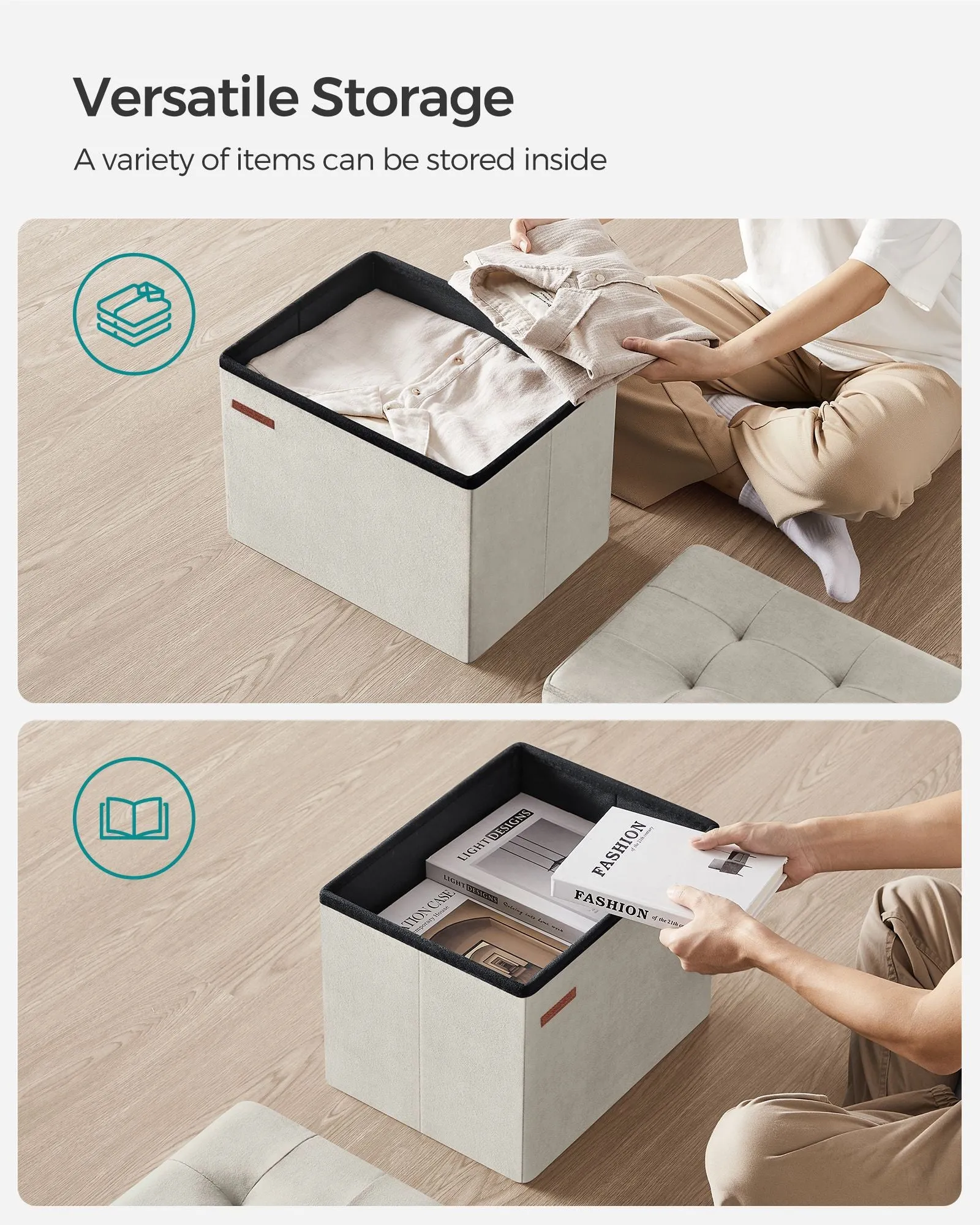12.2" x 16.1" x 12.2" Foldable Storage Ottoman Bench Cream White