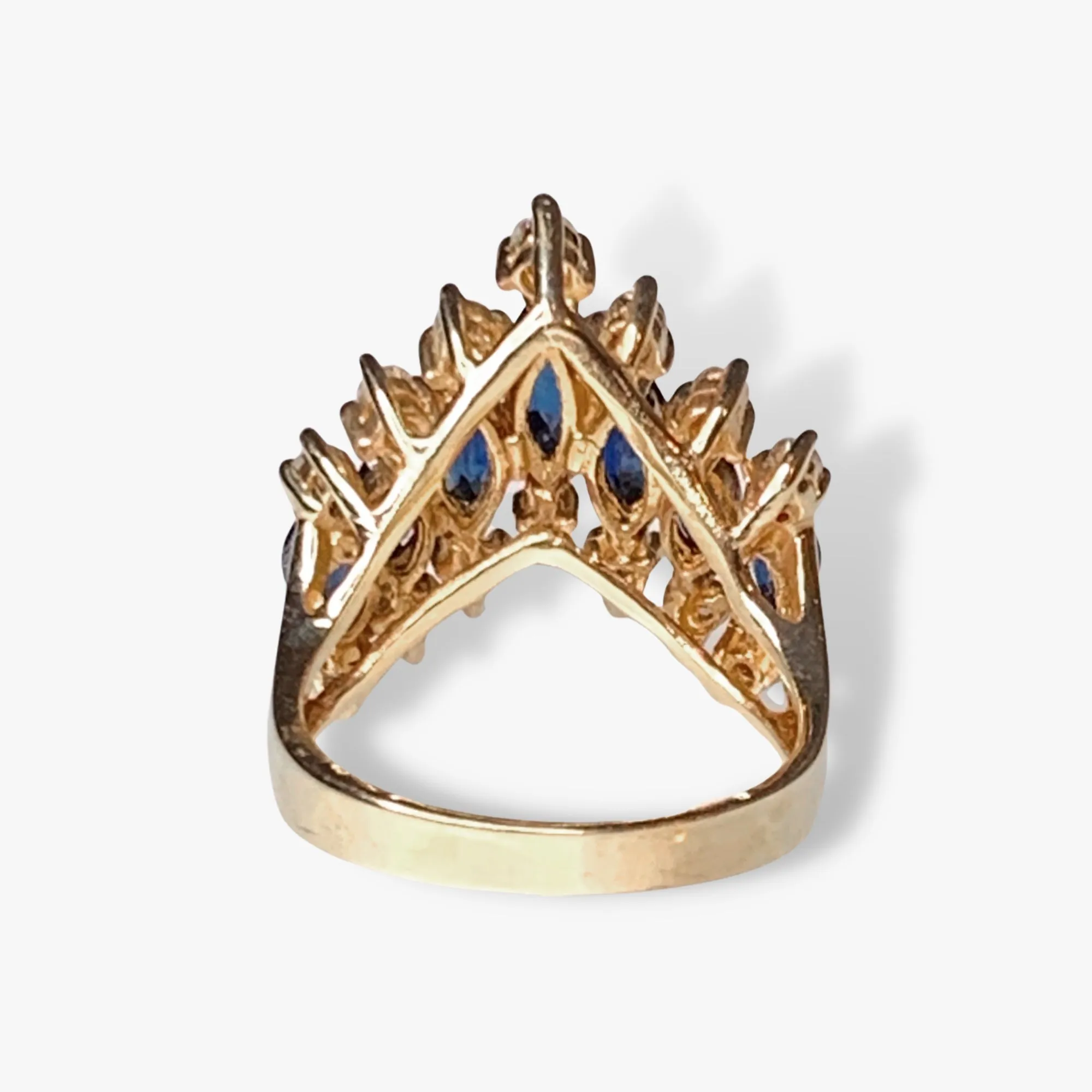 14k Yellow Gold Marquise Cut Blue Sapphire and Round Diamond Ring
