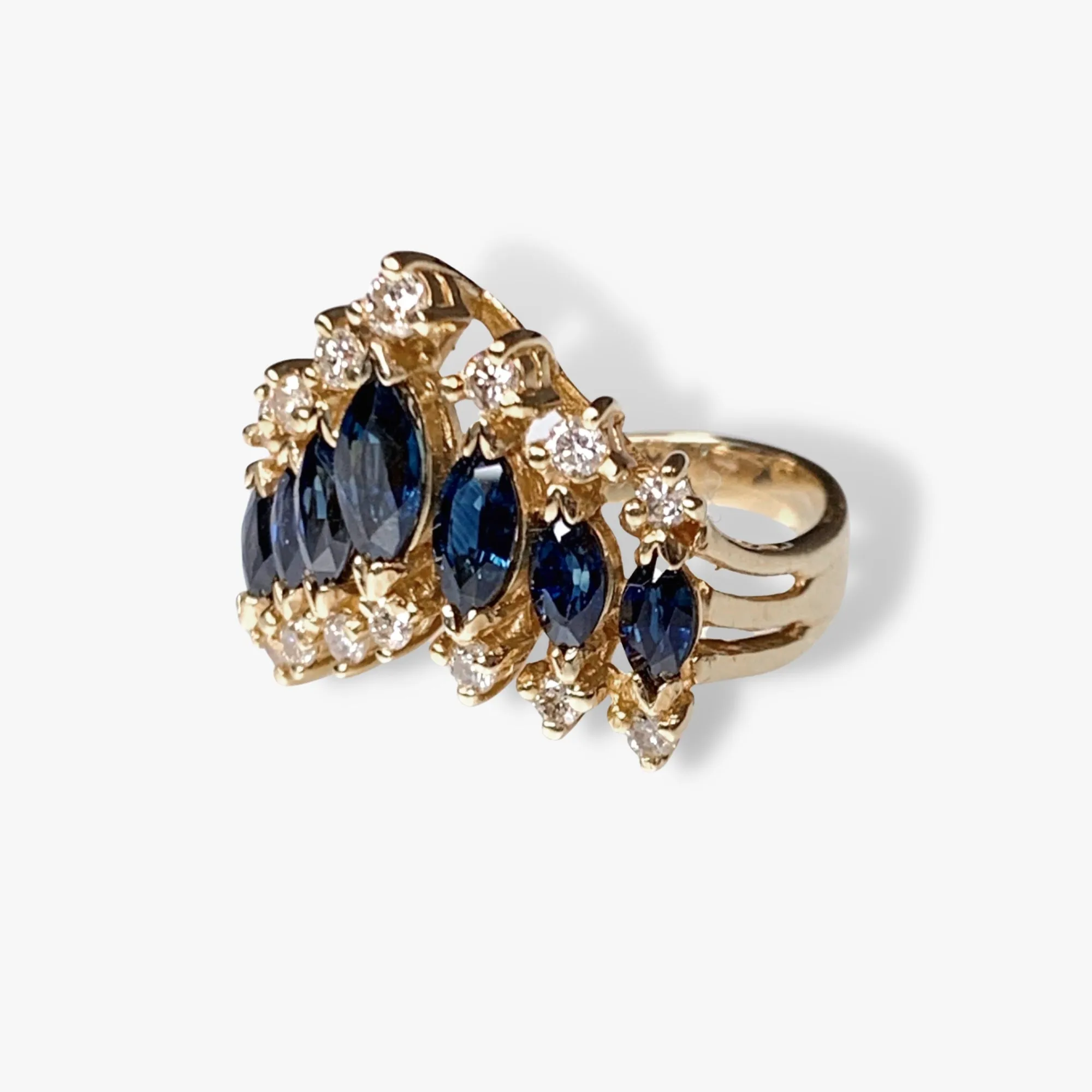 14k Yellow Gold Marquise Cut Blue Sapphire and Round Diamond Ring