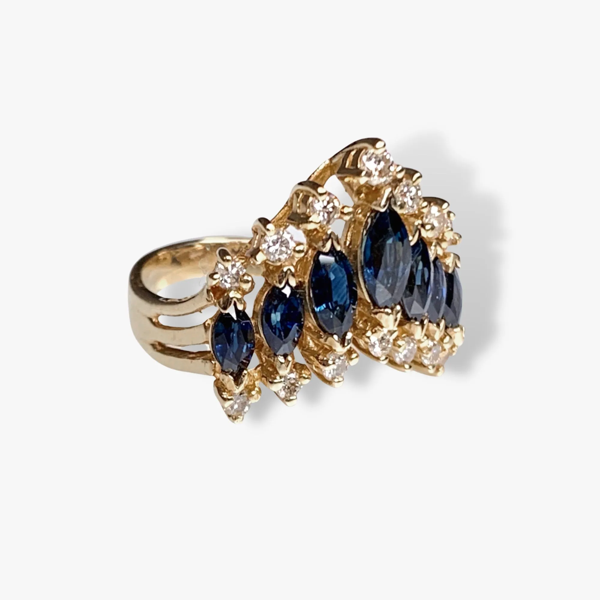 14k Yellow Gold Marquise Cut Blue Sapphire and Round Diamond Ring