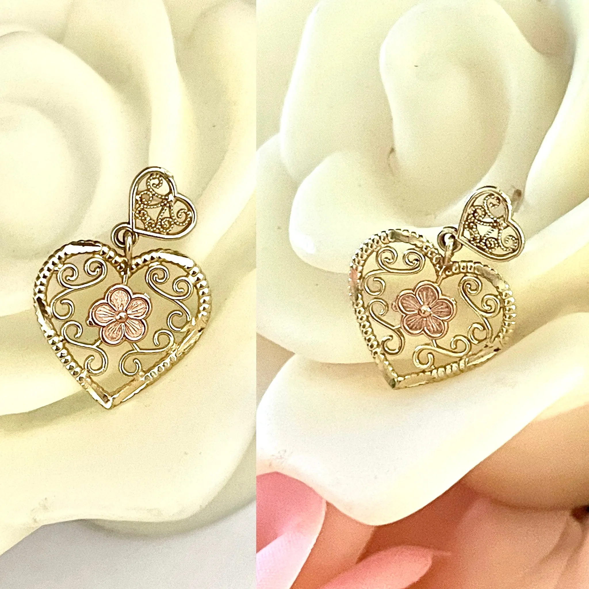 14K Yellow Rose Gold 2 Tone 14KT 585 Heart Flower Dangle Drop Post Earring