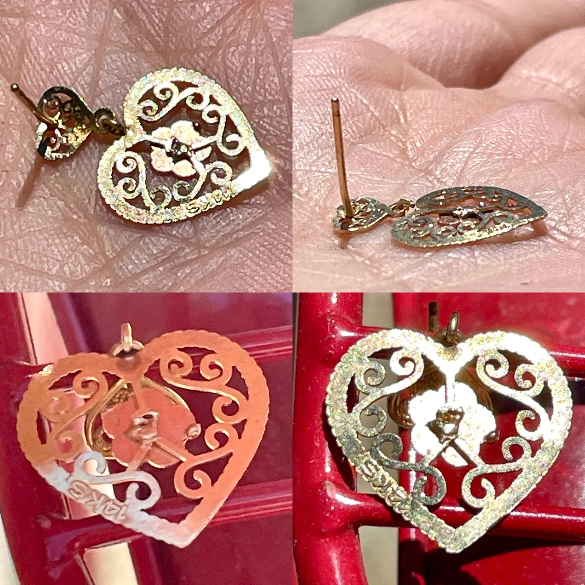 14K Yellow Rose Gold 2 Tone 14KT 585 Heart Flower Dangle Drop Post Earring
