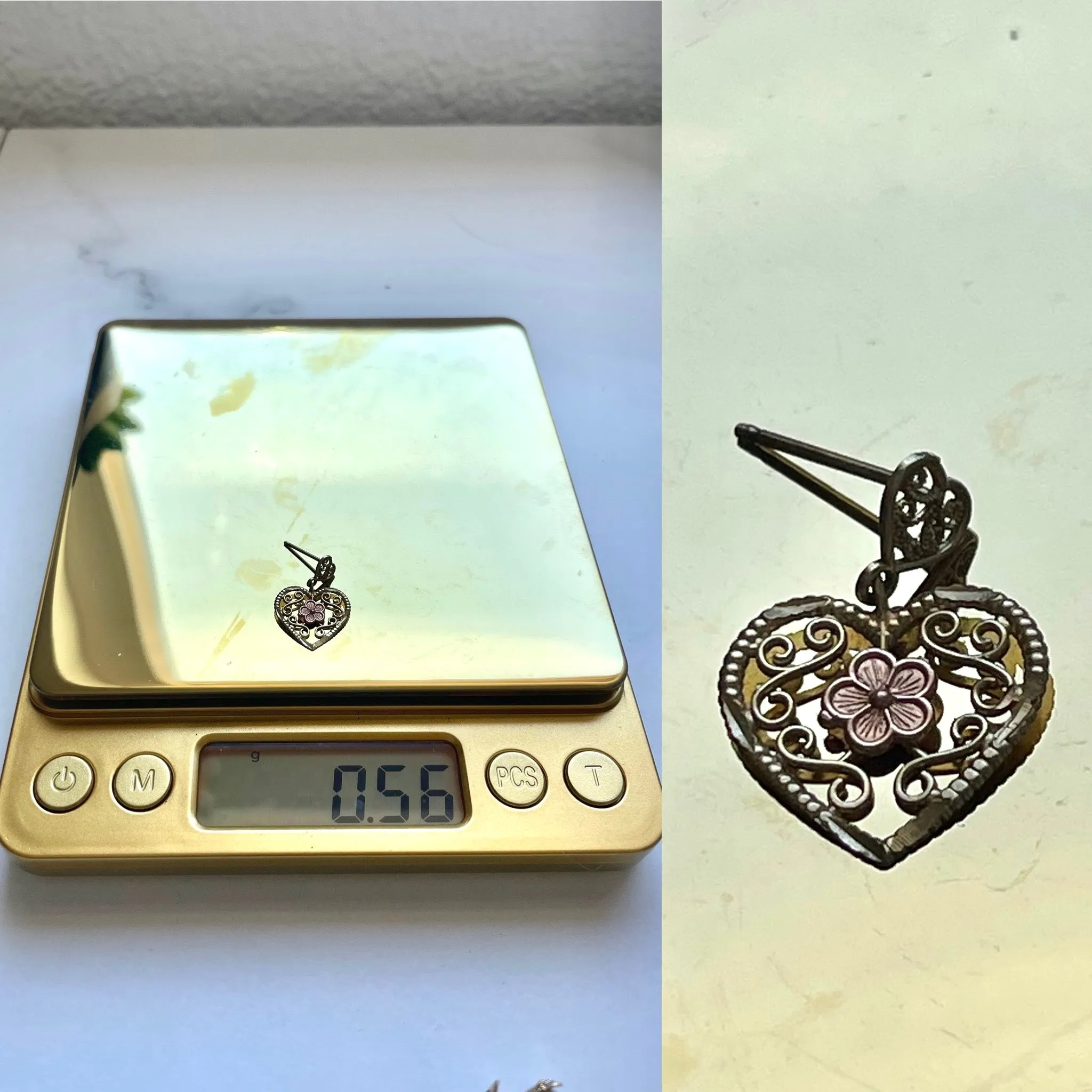 14K Yellow Rose Gold 2 Tone 14KT 585 Heart Flower Dangle Drop Post Earring
