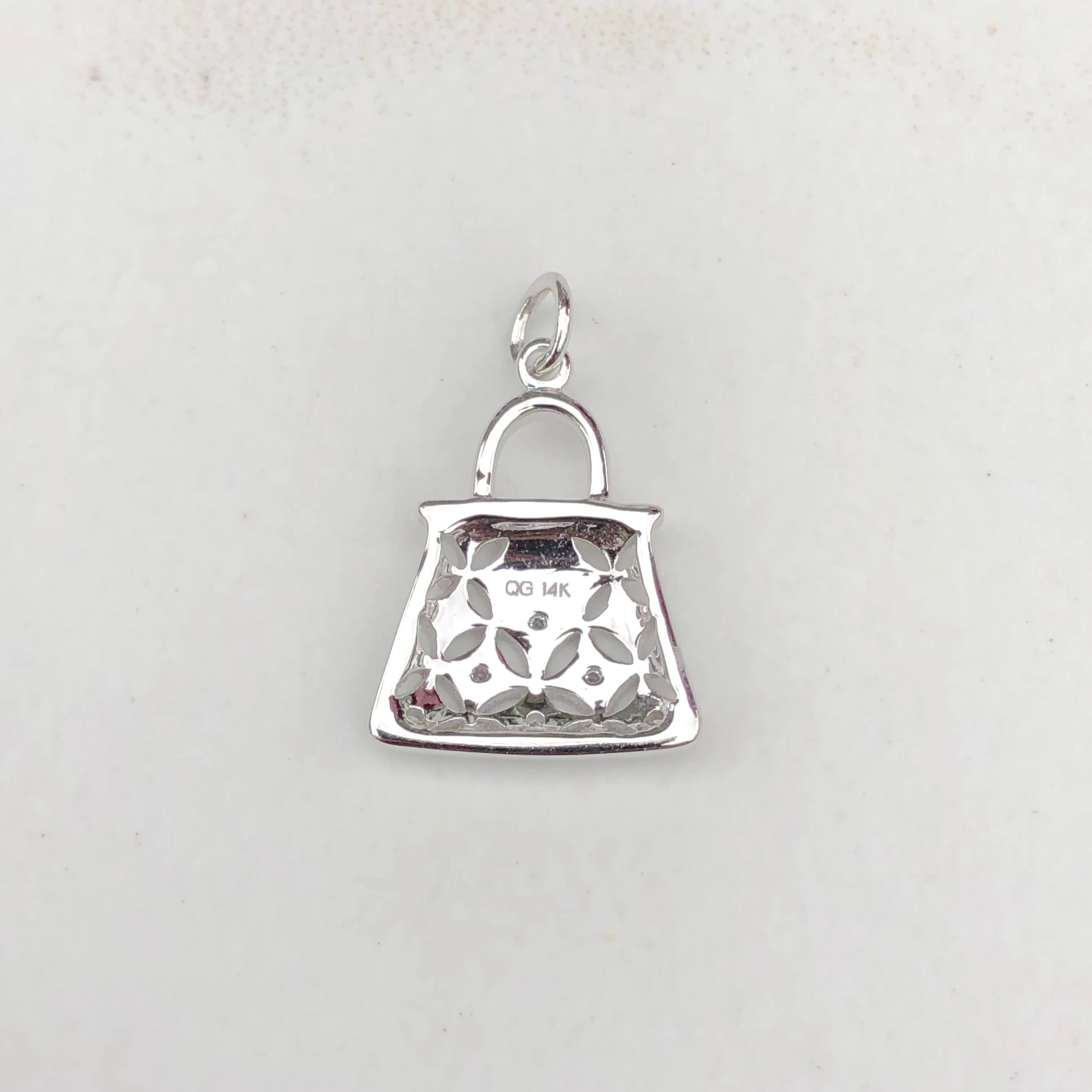 14KT White Gold Pave Diamond Purse Handbag Vintage Inspired Pendant Charm