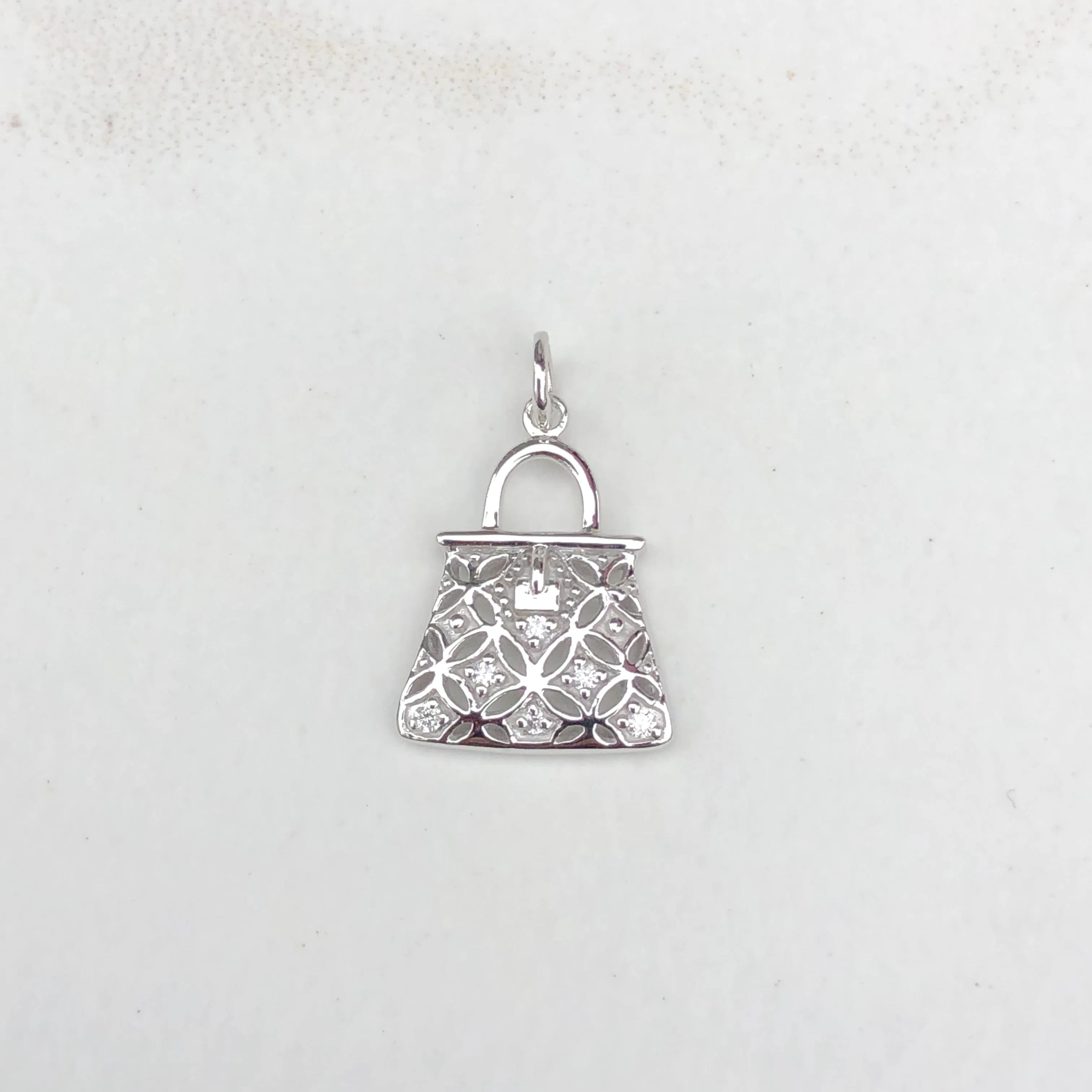 14KT White Gold Pave Diamond Purse Handbag Vintage Inspired Pendant Charm
