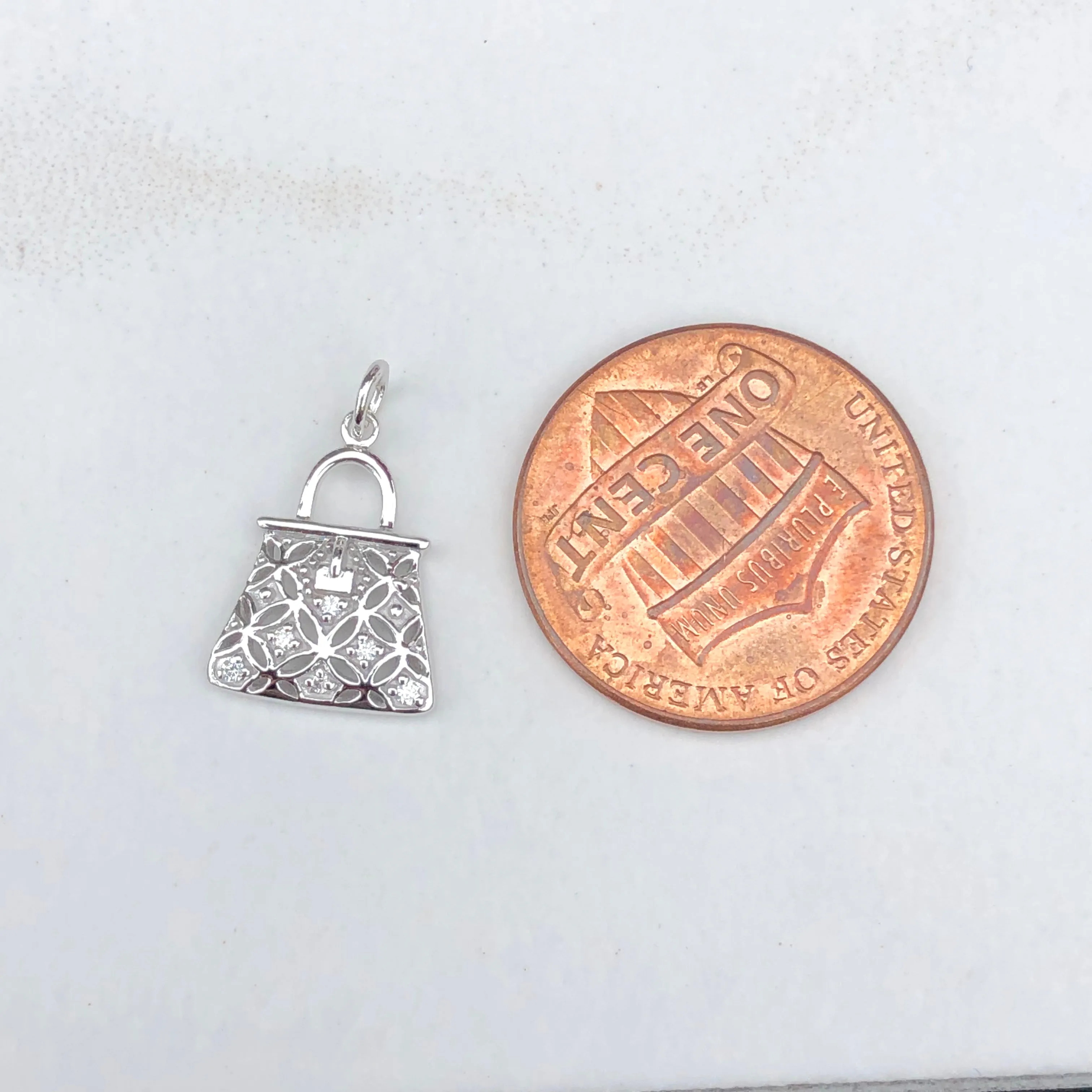14KT White Gold Pave Diamond Purse Handbag Vintage Inspired Pendant Charm