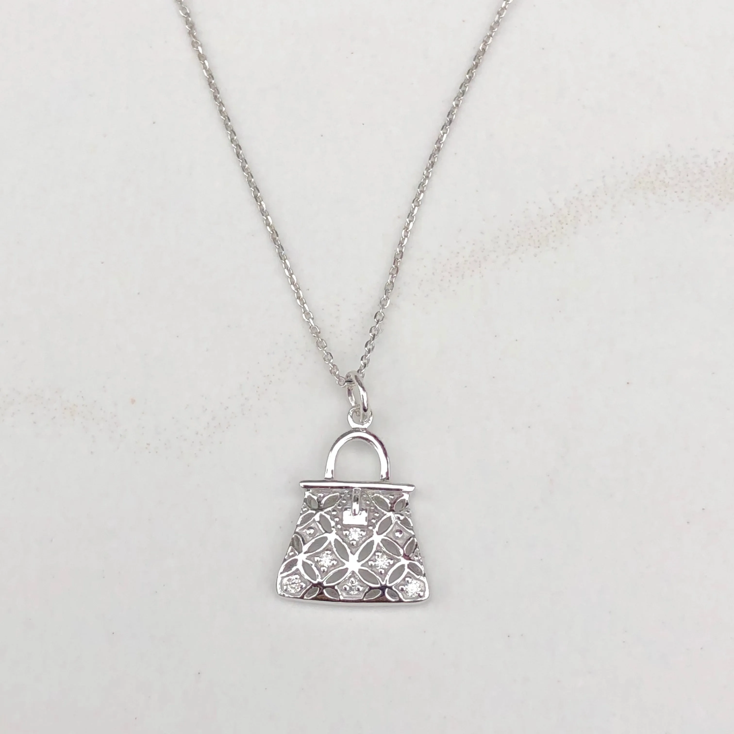 14KT White Gold Pave Diamond Purse Handbag Vintage Inspired Pendant Charm