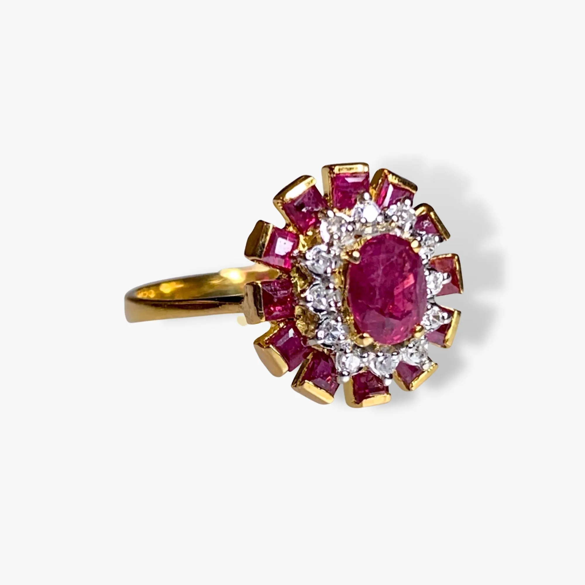18k Yellow Gold Oval and Princess Cut Ruby and Round Diamond Cluster Ring