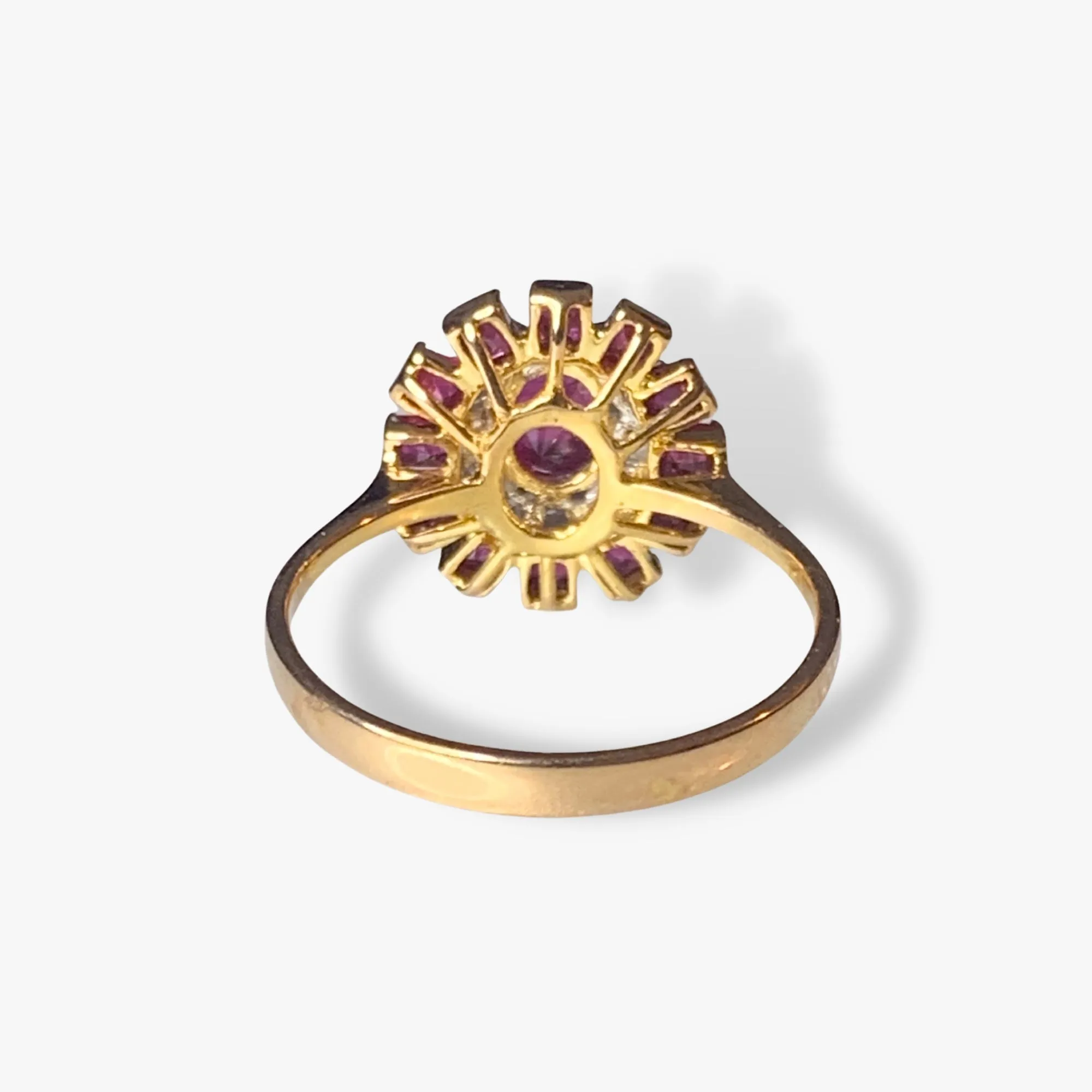 18k Yellow Gold Oval and Princess Cut Ruby and Round Diamond Cluster Ring