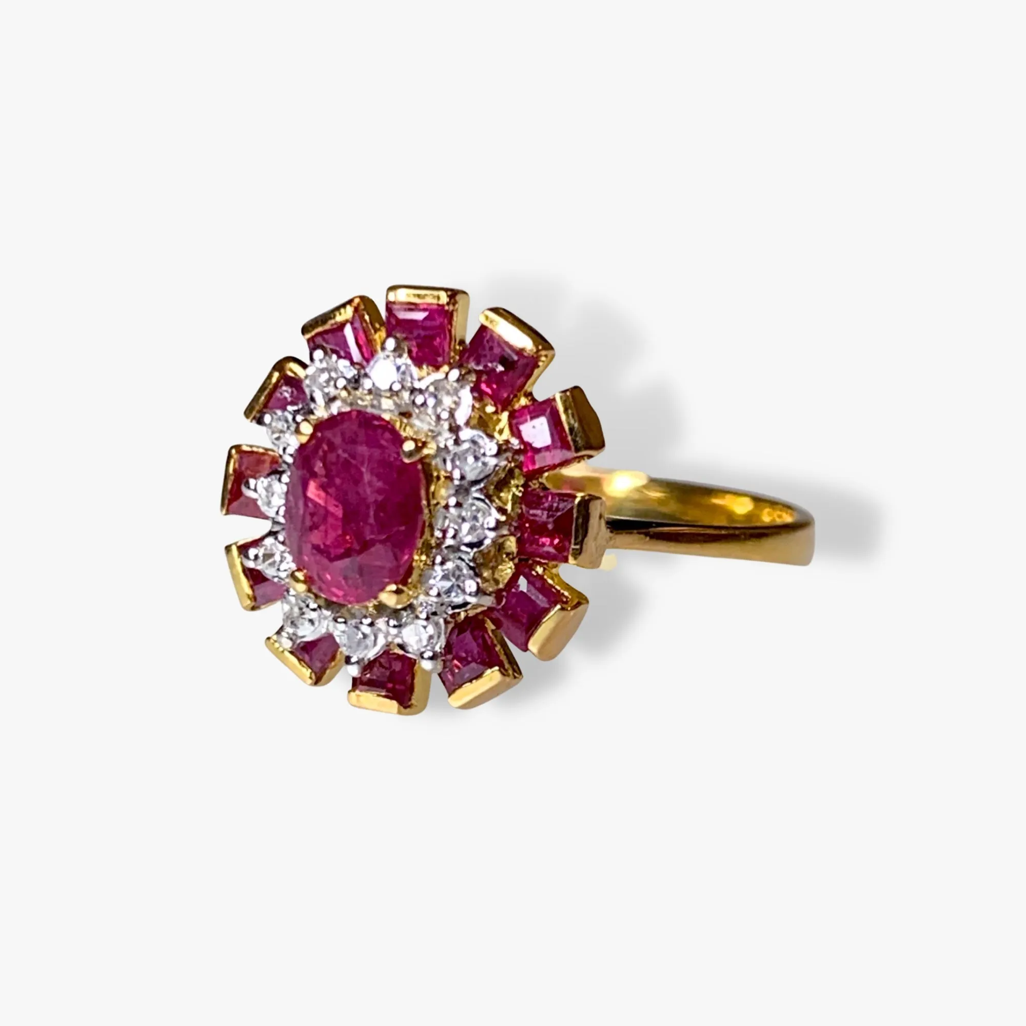 18k Yellow Gold Oval and Princess Cut Ruby and Round Diamond Cluster Ring
