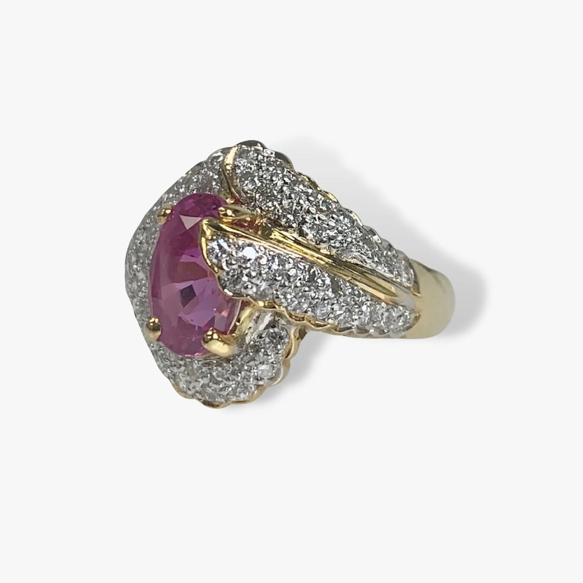 18k Yellow Gold Oval Cut Pink Sapphire Diamond Pavé Vintage Ring