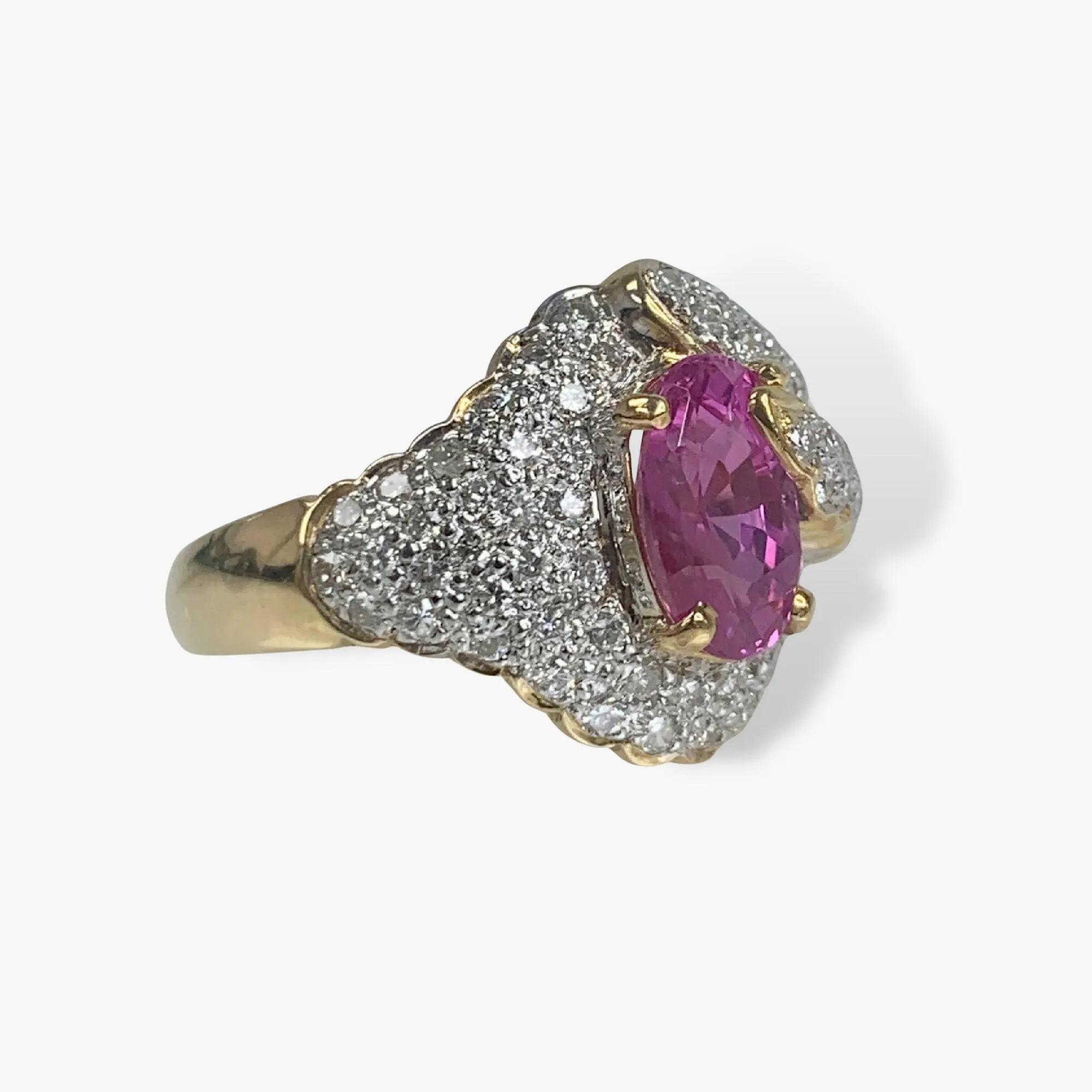 18k Yellow Gold Oval Cut Pink Sapphire Diamond Pavé Vintage Ring