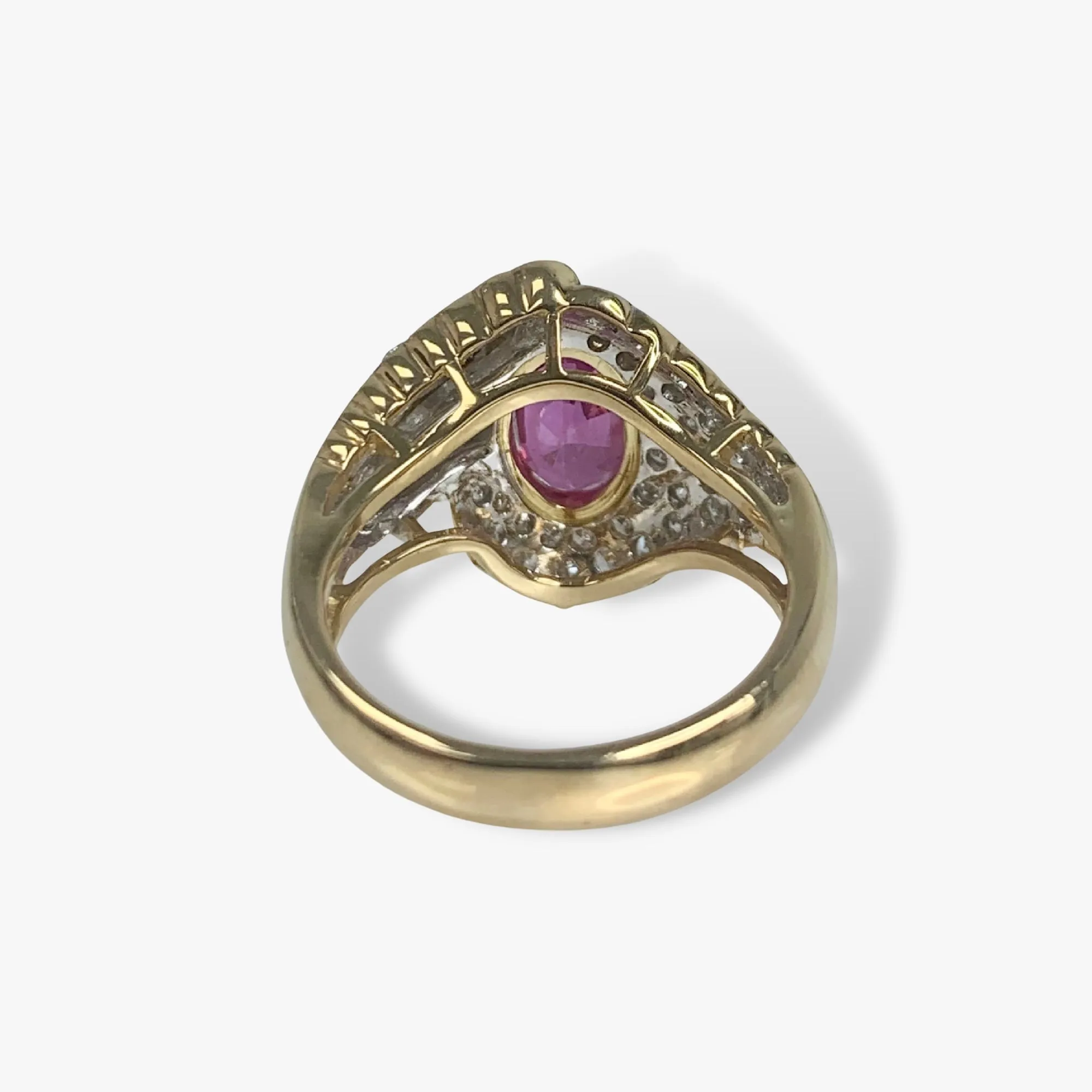 18k Yellow Gold Oval Cut Pink Sapphire Diamond Pavé Vintage Ring