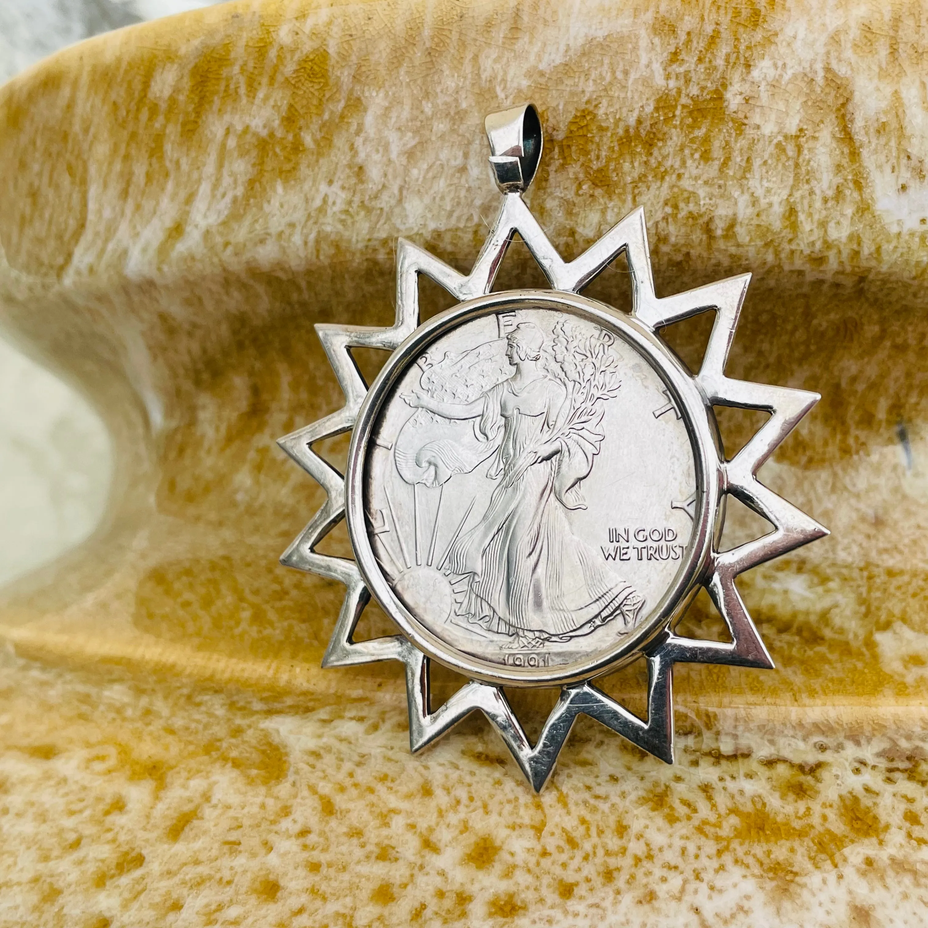 1991 1Oz Silver Eagle Walking Liberty Coin Stephen Dweck Sterling Pendant 46.9g