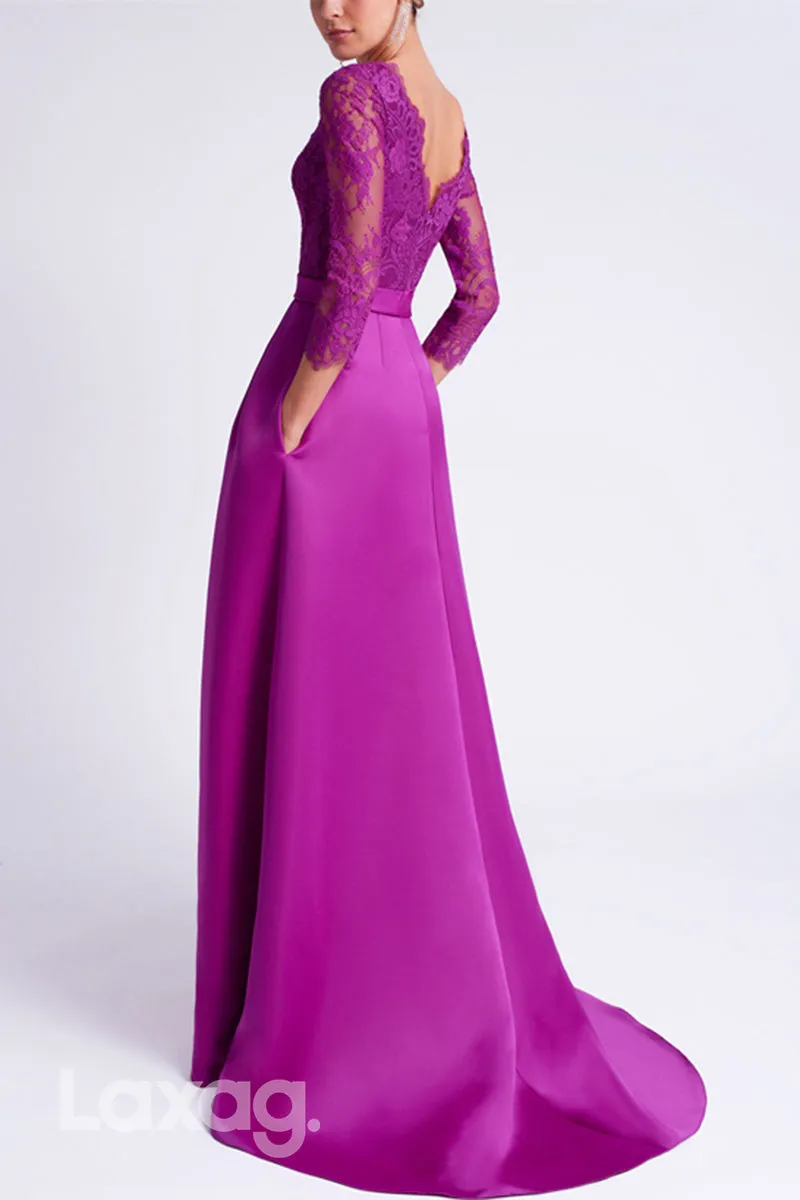 22684 - A-Line Round Quarter Sleeves Appliques Beaded Belt Mother of the Bride Dress