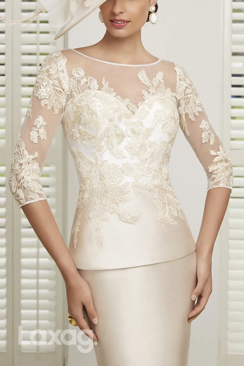 22926 - Round Quarter Sleeves Lace Appliques Sleek Satin Mother of the Bride Dress