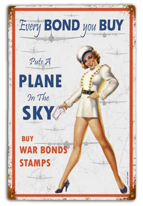 A Plane in the Sky -War Bonds - Vintage Tin  12 x 18 Distressed