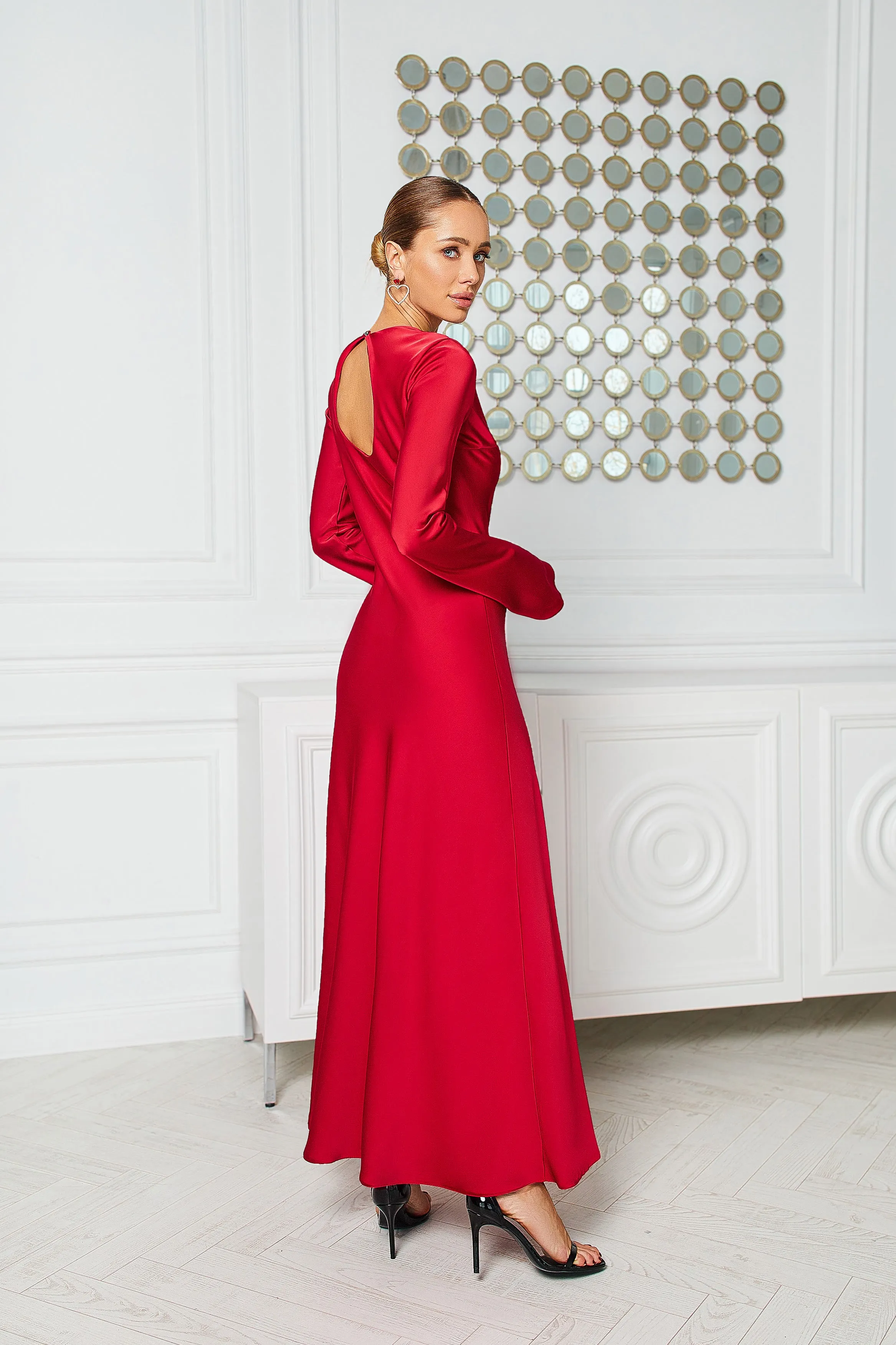 Alexa Red Satin Long Sleeve Maxi Dress