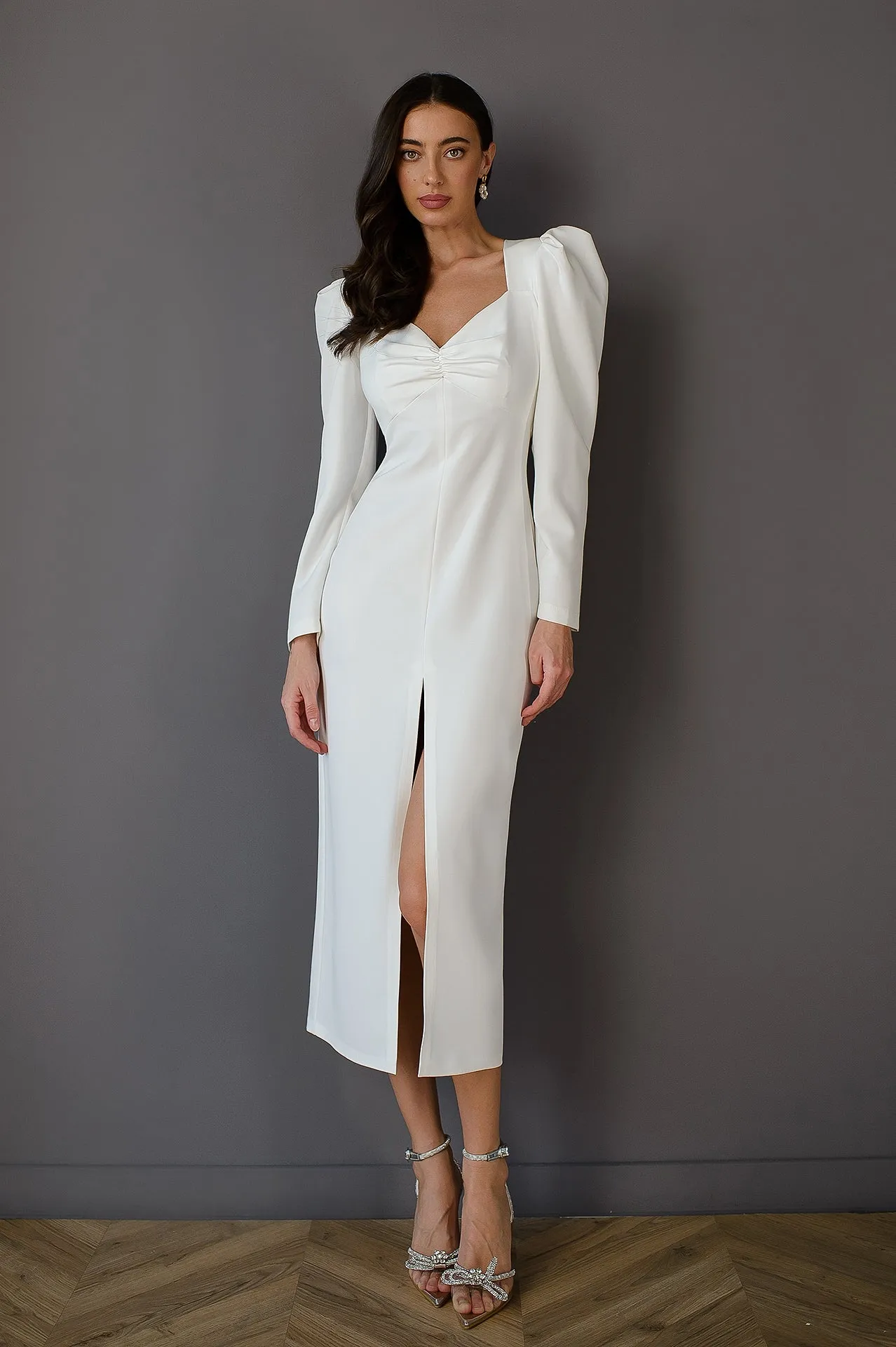 Anne White Puff Sleeve Midi Dress