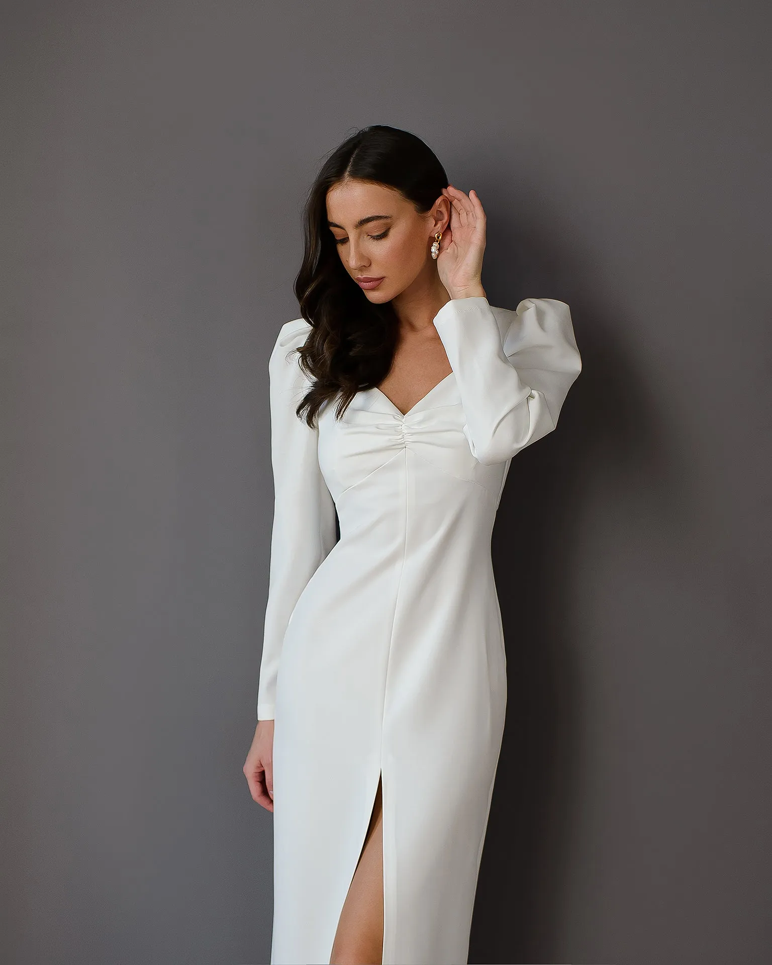 Anne White Puff Sleeve Midi Dress
