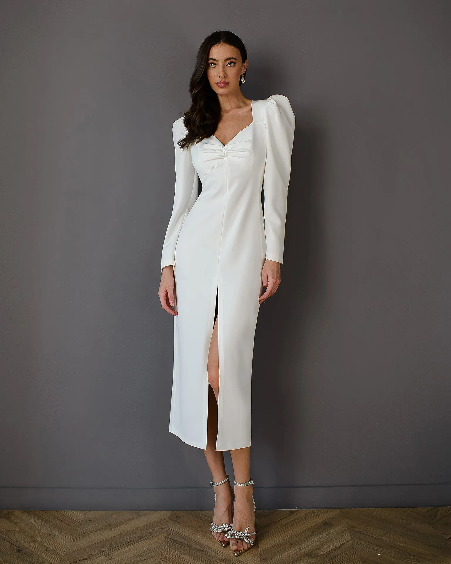 Anne White Puff Sleeve Midi Dress