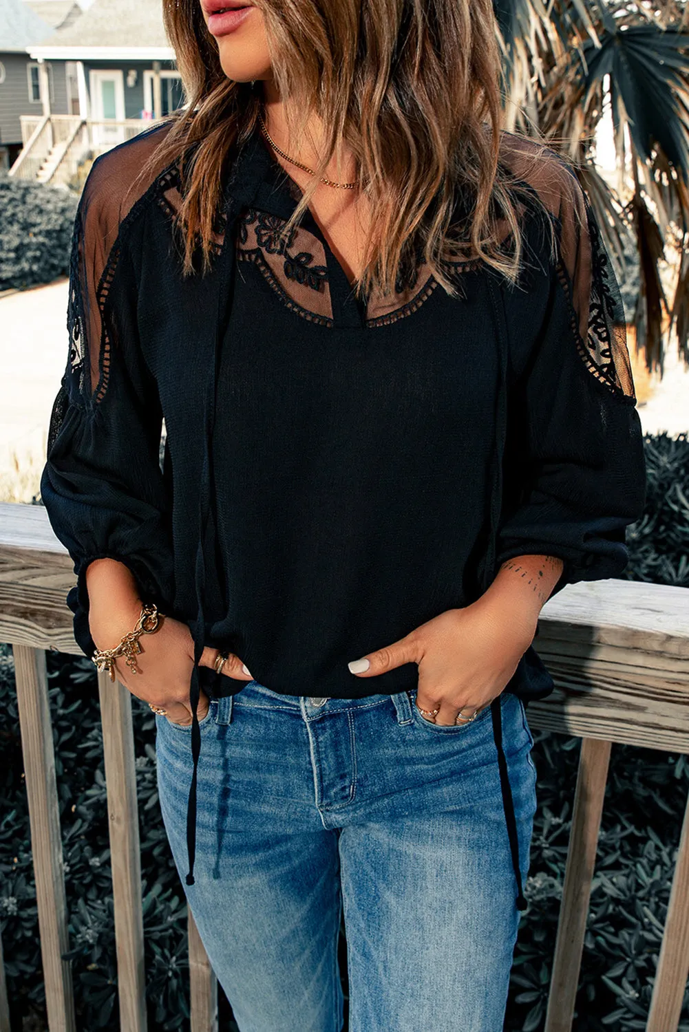 *APP EXCLUSIVE* Embroidered Tie-Neck Puff Sleeve Blouse