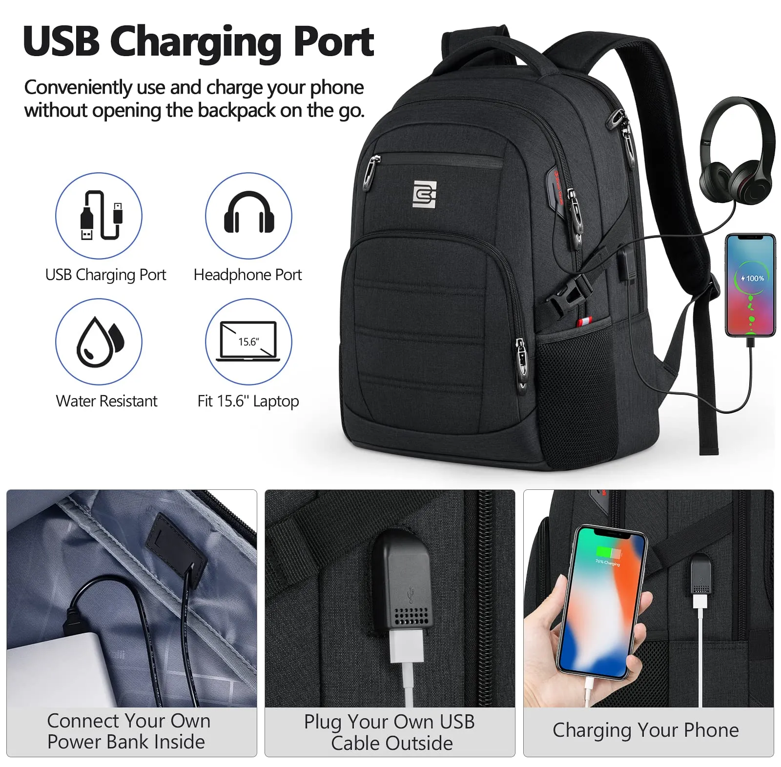 Bagsure Travel Laptop Backpack, Business Water Resistant Laptop Backpack with USB Charging Port