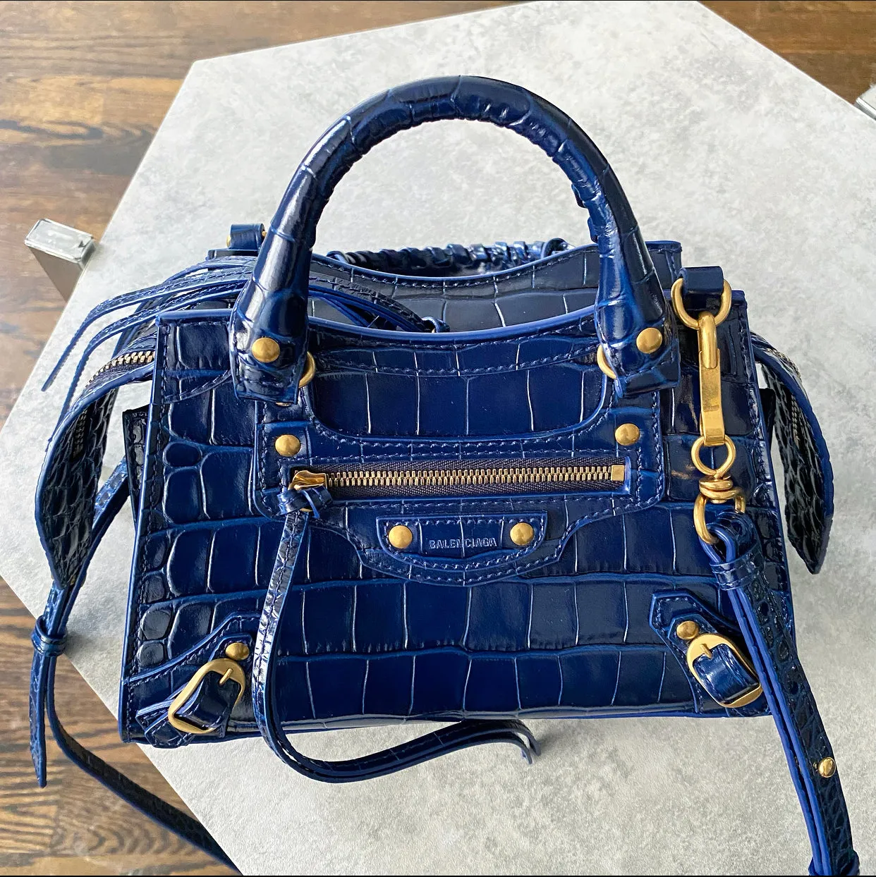 Balenciaga Navy Neo Classic Mini Bag Croc Embossed Bag