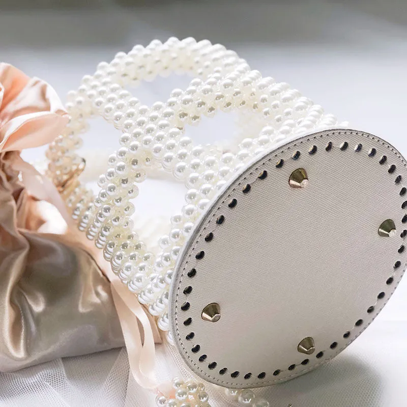 Beaded Pearl Bucket Bag – Elegant Hollow Round Handbag for Women