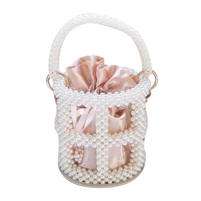 Beaded Pearl Bucket Bag – Elegant Hollow Round Handbag for Women