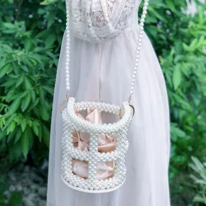 Beaded Pearl Bucket Bag – Elegant Hollow Round Handbag for Women