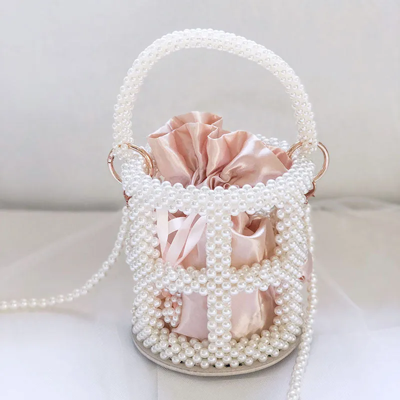 Beaded Pearl Bucket Bag – Elegant Hollow Round Handbag for Women