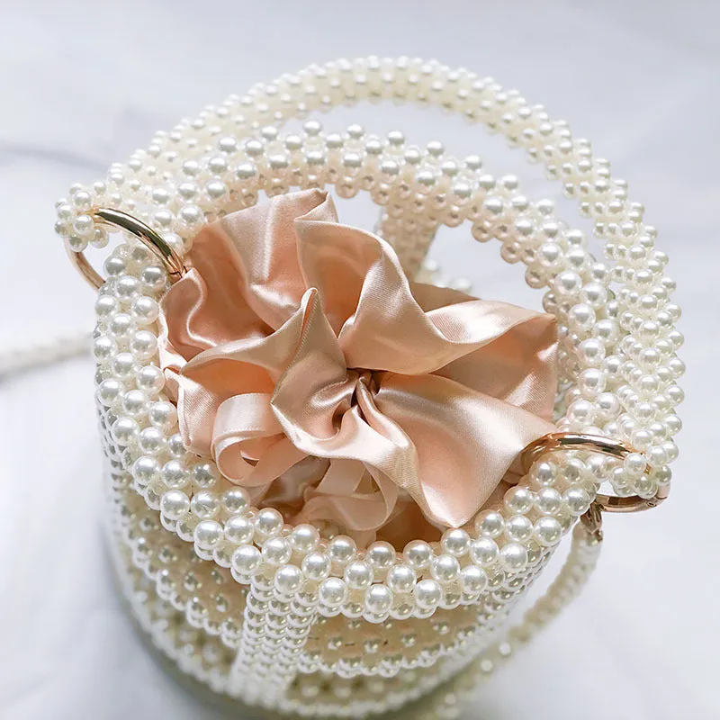 Beaded Pearl Bucket Bag – Elegant Hollow Round Handbag for Women