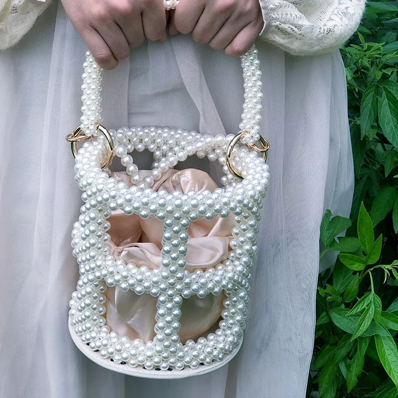 Beaded Pearl Bucket Bag – Elegant Hollow Round Handbag for Women