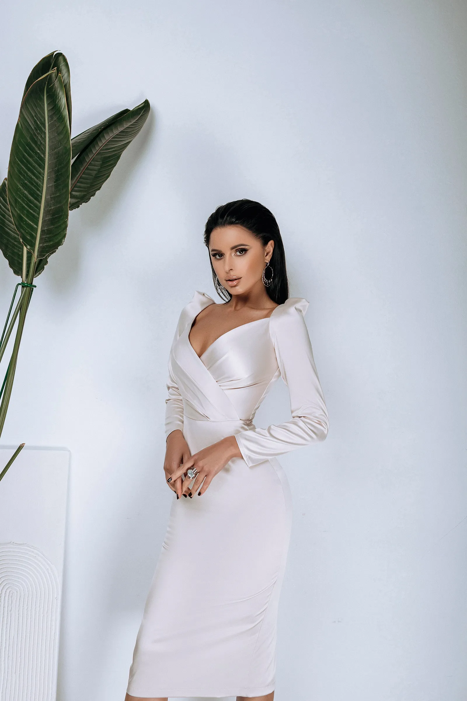 Beige Long Sleeve Midi Dress