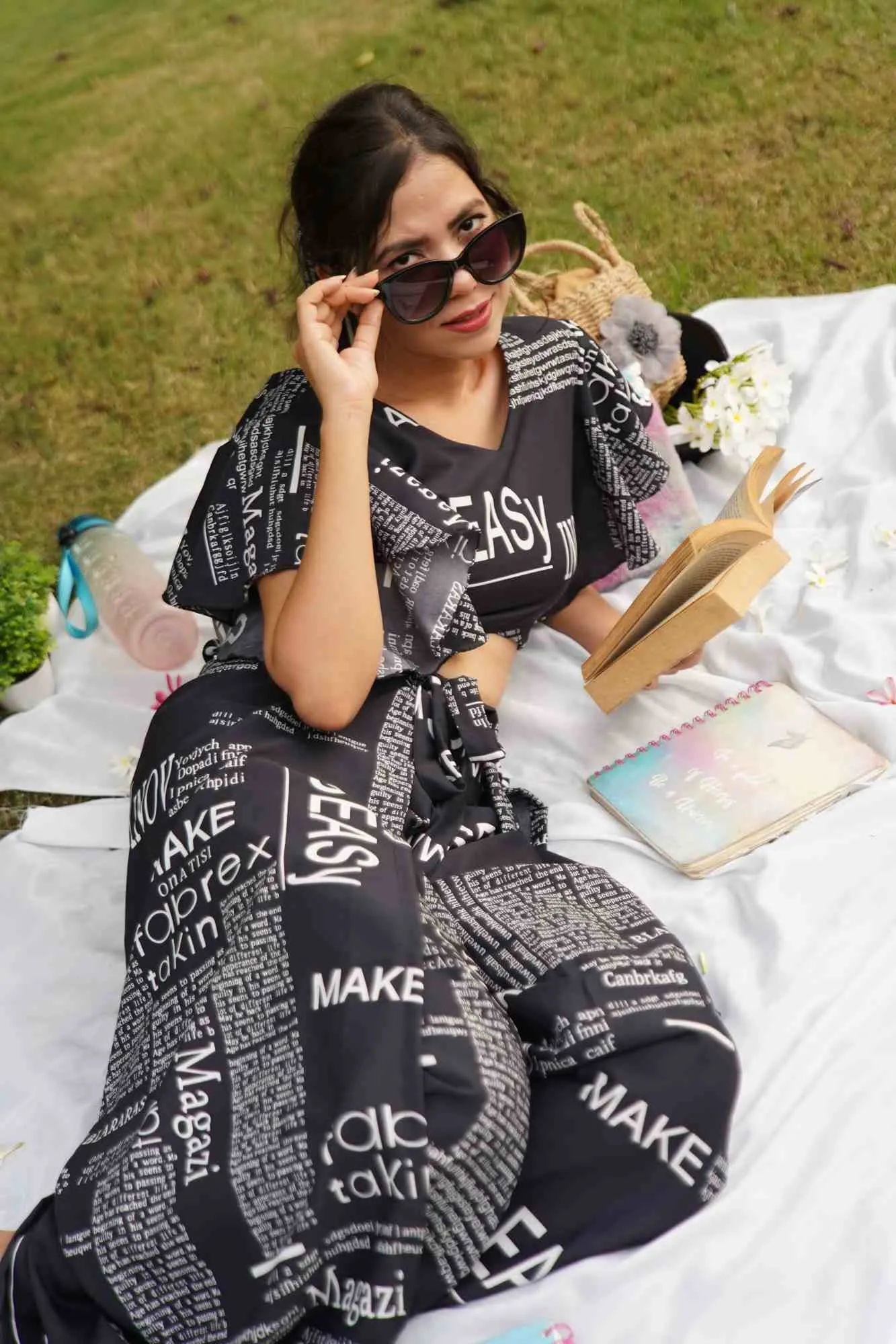 Black Co-Ord set with  pant and stylish flair sleeve top with overall Newspaper Print