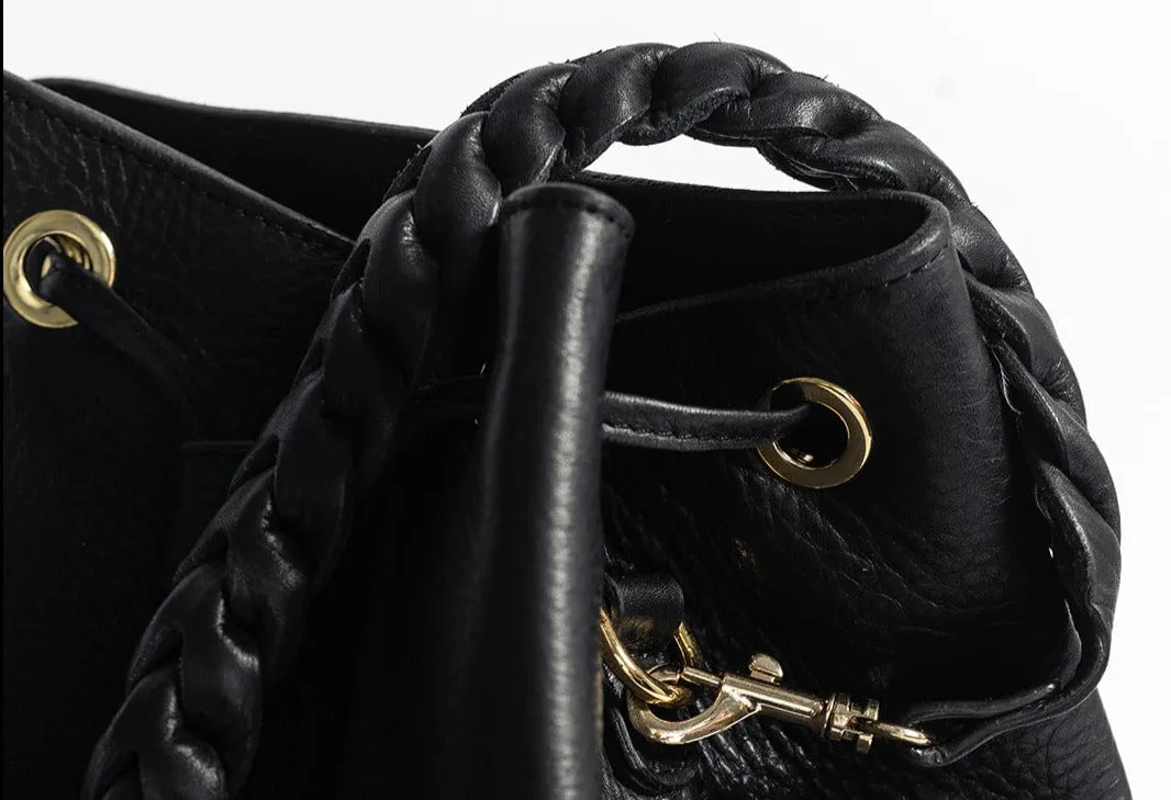 Black Full Grain Leather Bucket Bag