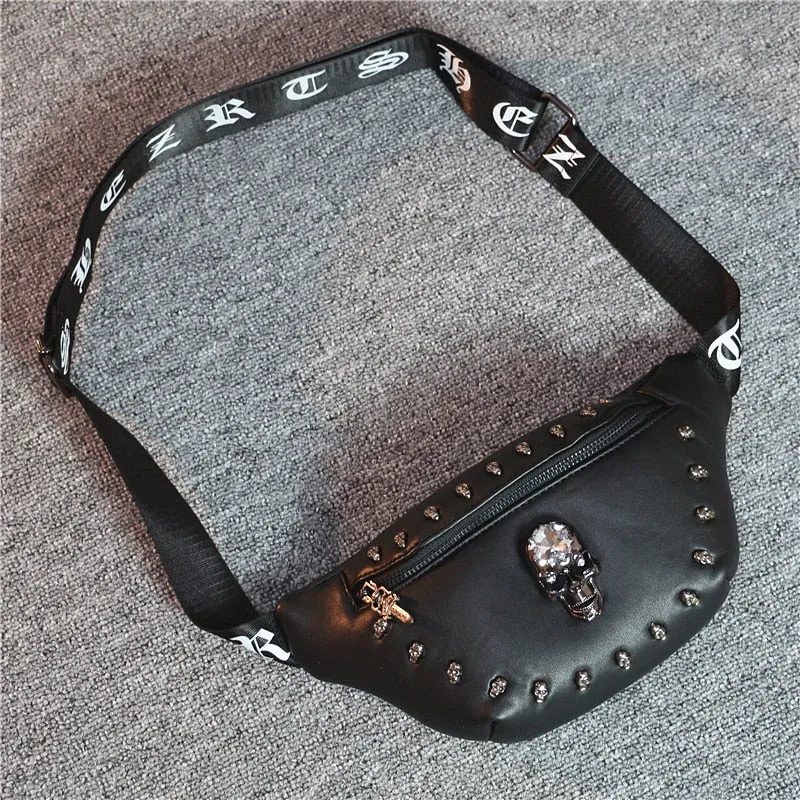 Black PU Leather Alternative Skull Unisex Waist Bag