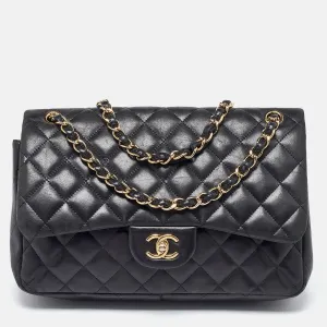 Black Quilted Leather Jumbo Classic Double Flap Bag